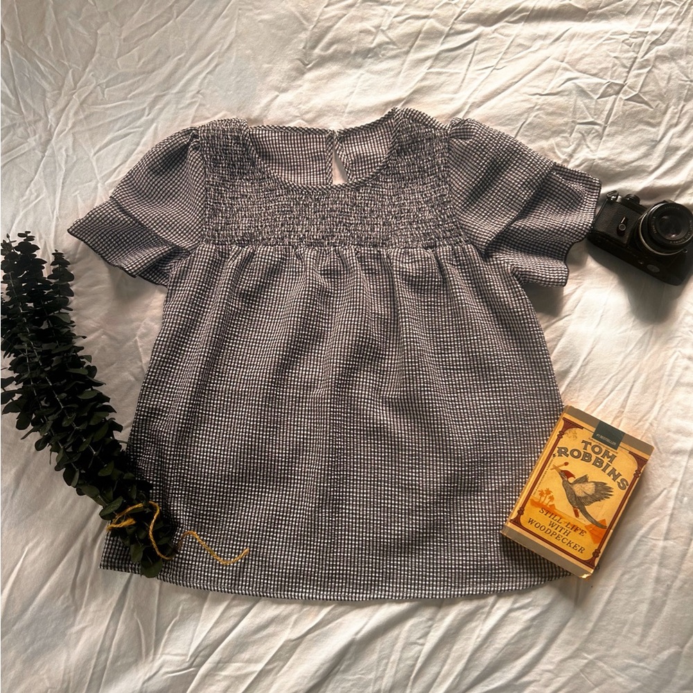 SHEIN Gingham Smocked Blouse | Black White Check Puff Sleeve Peasant Top Sz S